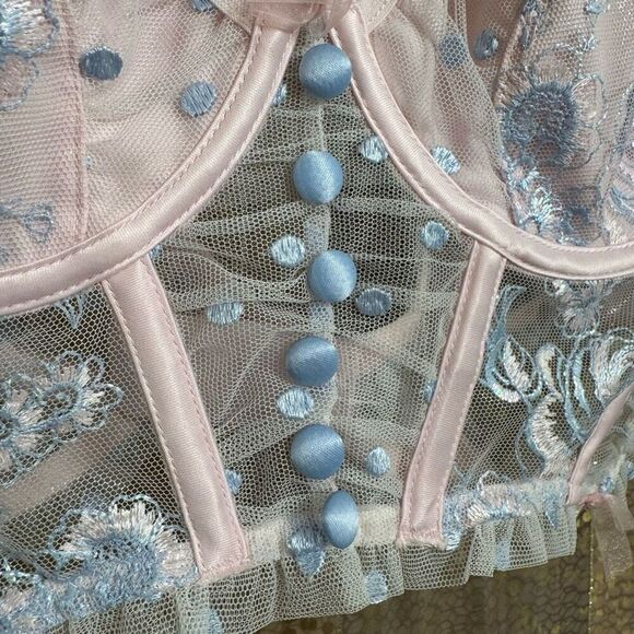 VS For Love & Lemons Foil Rose Pink Blue Sheer Mesh Bustier Coquette Top Large - Picture 6 of 13